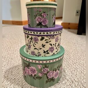 Decorative Nesting Box Set - Floral Rose Pattern in Green, Purple, Cream